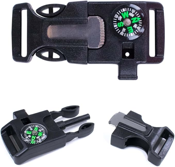 3/4 Inch Survival Buckle - Emergency Whistle, Flint Scraper, Compass, and Fire Starter - Available in 5, 10, 25 Packs