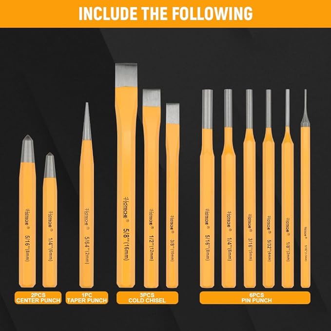 Hoteche 12-Piece Punch and Chisel Set Including Taper Punch, Center Punch, Cold Chisel, Pin Punch with Storage Case for Metalworking and Woodworking