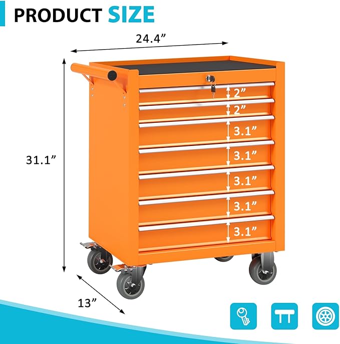 7 Drawers Rolling Tool Chest, Portable Storage Tool Box with Wheels, Tool Chest with Lock for Warehouse, Garage, Repair Shop and Tool Room