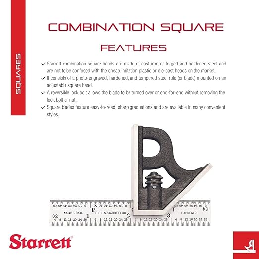 Starrett Steel Combination Square with Square Head - 4" Blade Length, Cast Iron Head, Hardened Steel, Reversible Lock Bolt, 4R Graduation Type - C11H-4-4R