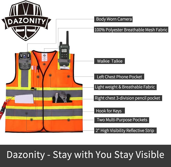 Dazonity Safety Vest with Multi-Pockets,5pcs,Reflective & High Visibility for Work,Construction,Parking,Warehouse,Orange