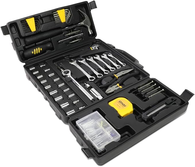 DNA MOTORING 160pcs Mechanic Tool Socket Wrench Set, SAE and Metric Socket Wrench Set, Tool Box Case for Home, Auto and Bike Repair, Yellow, TOOLS-00024