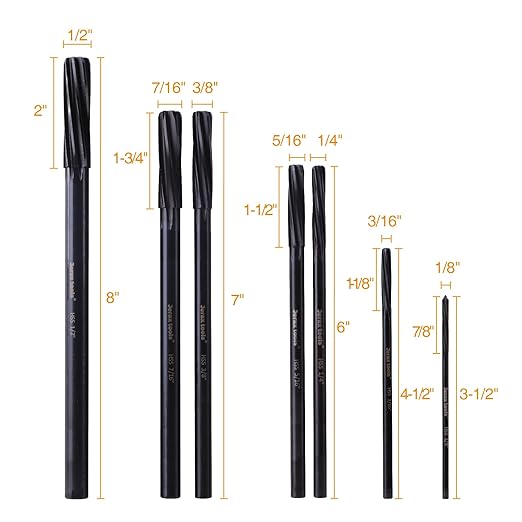 M2 High Speed Steel Premium Chucking Reamer Set, 7 pcs Fractional Sizes 1/8" Thru 1/2", Spiral Flute, Enlarge, Smooth and Finishing Holes