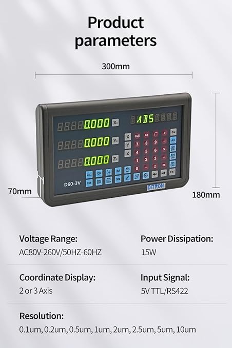 3-Axis DRO Digital Readout Display Linear Magnetic Scale Kit 18"x22"x16" Travel Length 5um for Milling Machine