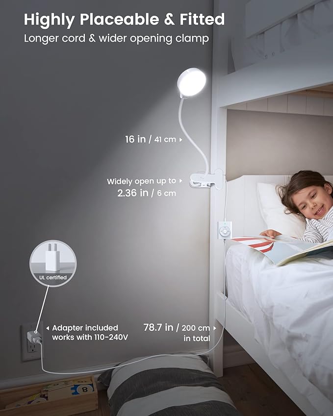 Glocusent 5W Clip on Light, 36 LED Eye Caring Reading Light for Bed, 3 Colors & 5 Brightness Clip on Lamp with Adapter, Perfect Reading Light for Bed Lamp/Bunk Bed Light