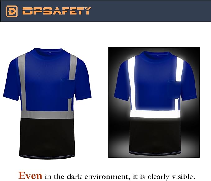 High Visibility Shirts Quick Dry Safety T Shirts with Reflective Strips and Pocket Short Sleeve Mesh Hi Vis Construction Work Class 2 Shirt for Men/Women Black Bottom Blue,Medium