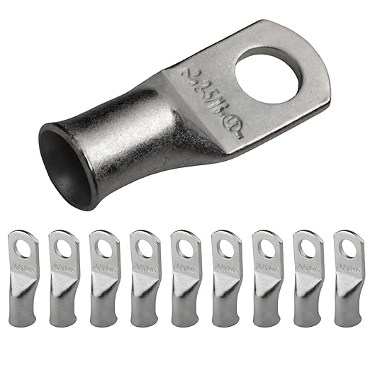 SELTERM 10pcs 2 AWG-5/16 Stud Tinned Copper Wire Lugs, Heavy Duty Battery Cable Ends,2 Gauge Ring Terminals, UL Battery Lugs Marine Grade Copper Eyelets Electrical Battery Terminal Connectors
