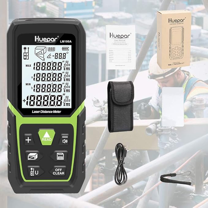 Huepar Laser Distance Measure 330Ft with Li-ion Battery & Electric Angle Sensor, Backlit LCD Laser Measure M/In/Ft with High Accuracy Multi-Measurement Modes, Pythagorean, Distance, Area&Volume-LM100A