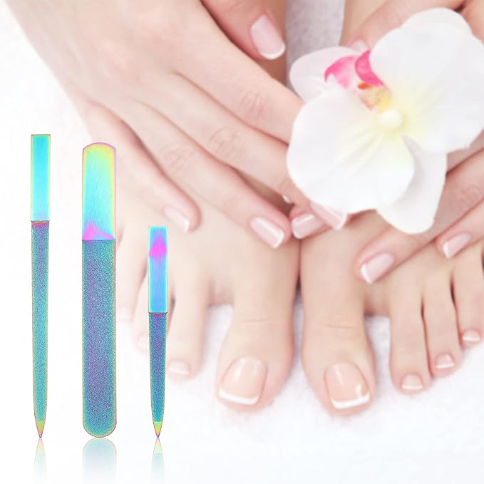 Mudder 3 Pcs Diamond Nail File Set Stainless Steel Double Side Nail File Metal Sapphire Buffer Manicure Files Natural Nails Emery Boards for Salon Home and Travel Women (Rainbow Color)