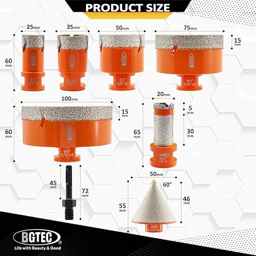 BGTEC Diamond Hole Saw Kit - 8PCS 25/35/50/75/100mm Core Bit + 20mm Finger Bit + 50mm Chamfer Bit + SDS Adapter for Porcelain Tile, Ceramic, Marble, Granite