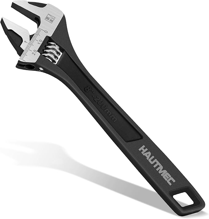 HAUTMEC 8 inch Adjustable Wrench Extra Wide Jaw Black Finish Adjustable Wrenches Drop-Forged CR-V Steel Metric & SAE Scales for Home Garage Workshop DIY