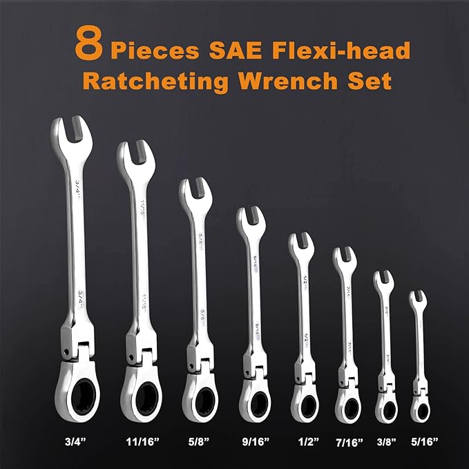 8pcs Flexible Ratchet Wrenches Set SAE 5/16” to 3/4“ Inch Standard Spanners Gear Ring Ratcheting Combination Flexi Wrench Kit Flex Flexible Head