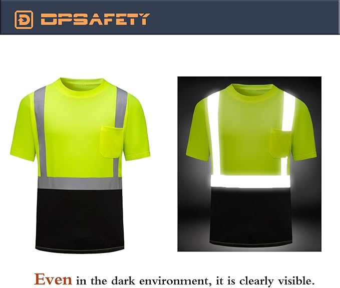 High Visibility Shirts Quick Dry Safety T Shirts with Reflective Strips and Pocket Short Sleeve Mesh Hi Vis Construction Work Class 2 Shirt for Men/Women Black Bottom Lime,6XL
