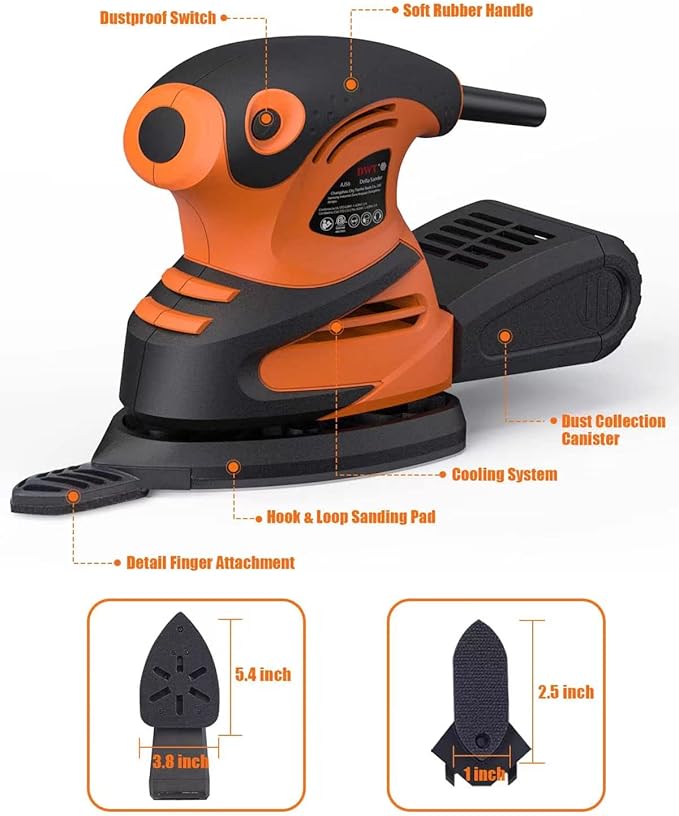 Detail Sander, 1.5A 15000 OPM Electric Sander with 24pcs Sandpapers, Efficient Dust Collection System & Detail Finger Attachment, Soft Grip Handle, Compact Hand Sander for Woodworking