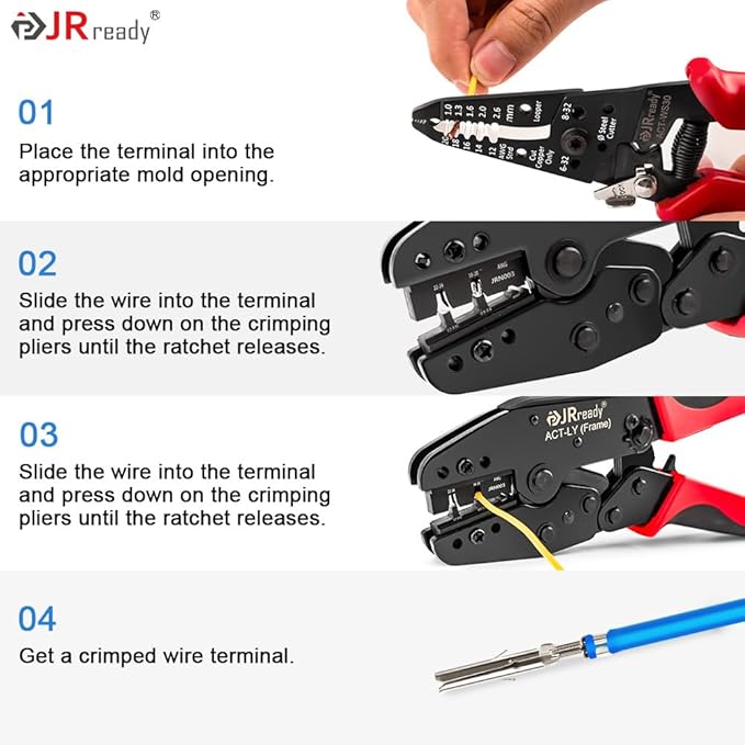 JRready ACT-LY-JRN003 Open Barrel Terminal full cycle ratcheting PremiumGrade Hand Crimping Tool, for Molex MLX (2.13mm) Pin and Socket Crimp Terminals 42023 40204 Series, 18-24 AWG