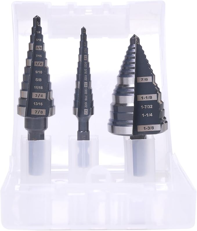 1/2", 7/8" & 1-3/8" Step Drill Bit Set, Straight Grooved Double Fluted M2 High Speed Steel Drill bits for Hole Drilling in Stainless Steel, Copper, Aluminum, Wood,Plastic
