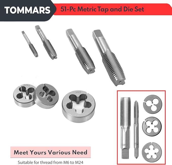 TOMMARS 51-Pc M6 to M24 Jumbo Tap and Die Set Metric Round Threading Dies for Threading and Rethreading Internal and External Threads