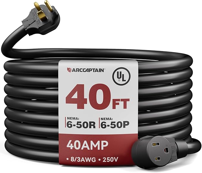 ARCCAPTAIN 40Amp 40ft Welder Extension Cord 8 AWG, 250V NEMA 6-50 Heat-Resistant Welding Cord 3 Prong for MIG/TIG/MMA Welder, Plasma Cutter