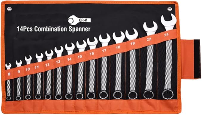 Edward Tools Pro Combination 14 Piece Wrench Set Metric - Heavy Duty CR-V Steel - 8mm to 24mm - Vanadium Steel - Matte Chrome Plated Finish - Anti Rust - 12 Point Opening - Organizer Bag