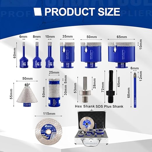 SHDIATOOL Diamond Tile Drill Bits Kit 12pcs, Porcelain Hole Saw Sets, Core Bits Cutter for Drilling Ceramic Marble Granite (6/8/10/35/50/65/25MM/2/HEX/SDSPLUS/4.5"/6MM)