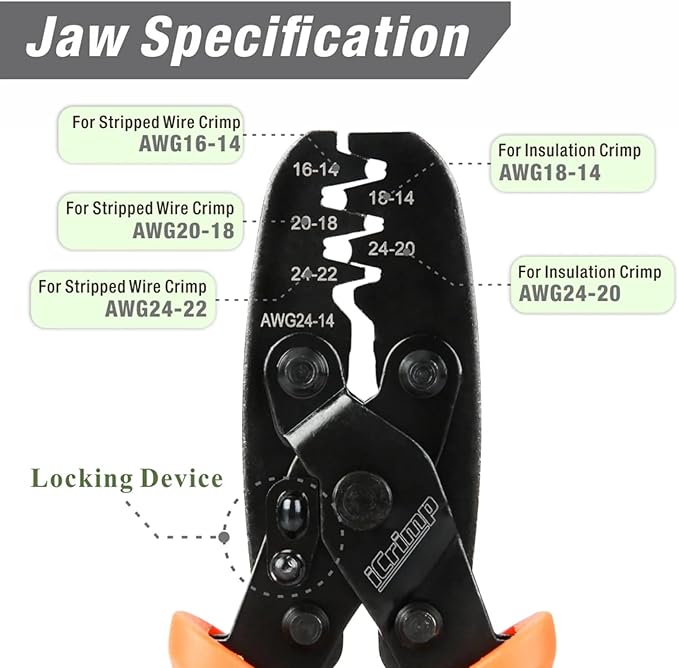 iCrimp Non Insulated Open Barrel Terminal Crimp Tool - Wire Crimper for Molex, Delphi, AMP/Tyco, Harley, PC/Computer, Automotive 24-14 AWG