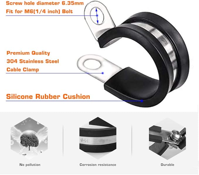 HOLYBEAR 1/2 Inch Stainless Steel Cable Clamp, Rubber Insulated Metal Conduit Wire Holder Strap Clips for Pipe, Tube, Hose Bracket (13mm, 20pcs)
