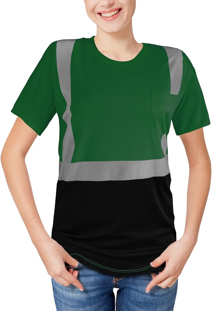 High Visibility Shirts Quick Dry Safety T Shirts with Reflective Strips and Pocket Short Sleeve Mesh Hi Vis Construction Work Class 2 Shirt for Men/Women Black Bottom Green,6XL