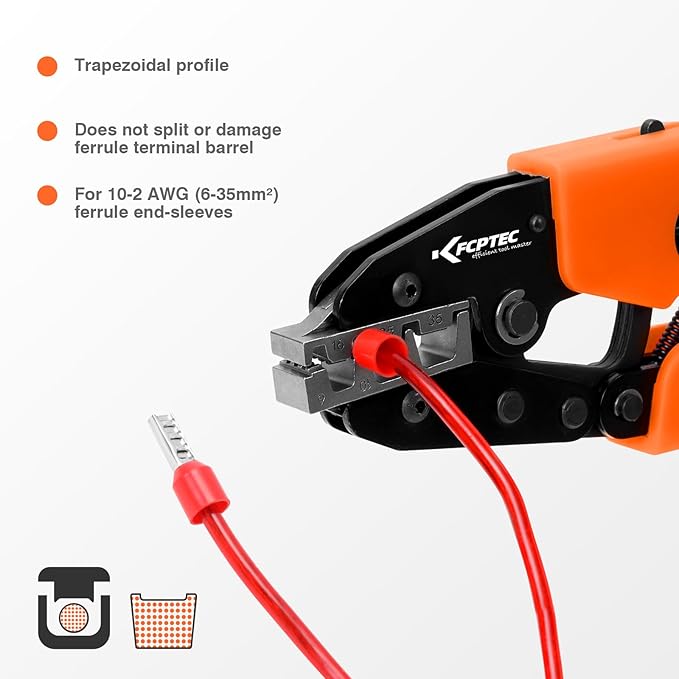 KF CPTEC Ferrule Crimping Tool for Wire Ferrules and End Sleeves, AWG 2-10 (6-35mm²) - Heavy Duty Electrical Terminal Crimper