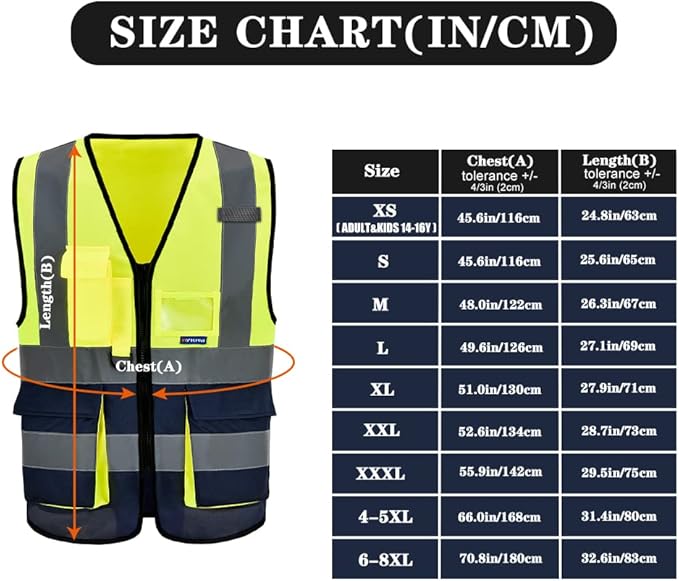 High Visibility Safety Vest with 4 Reflective Strips 7 Pockets,Yellow&Navy 6XL-8XL