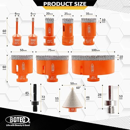 BGTEC Diamond Core Drill Bits-11PCS 5/8-11 Thread Tile Hole Saw 6/6/20/25/35/50/75/100mm+50mm Beveling Chamfer Bit+SDS/HEX Adapter for Pocelian Tile Ceramic Marble Granite Stoneware