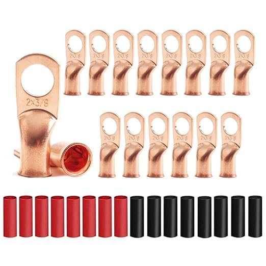 16pcs 2 AWG 3/8" Stud Heavy Duty Copper Wire Lugs with 16Pcs Heat Shrink Tubing 2 Gauge Battery Cable Lugs Cable Lugs Bare Copper Eyelets Tubular Ring Terminal Connectors