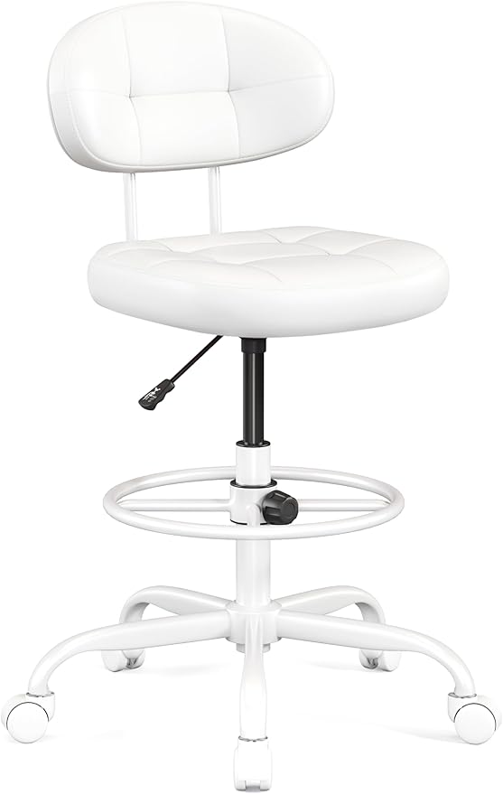 Misolant Drafting Chair, Armless Tall Office Chair with Footrest Ring for Standing Desk, Small Faux Leather Executive Computer Chair with Adjustable Height for Bar Lab Counter Height Desk, White