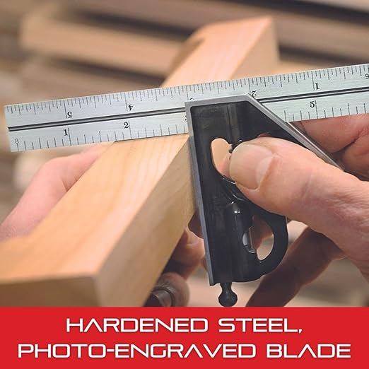 Starrett Steel Combination Square with Square Head - 4" Blade Length, Cast Iron Heads, Hardened Steel, Reversible Lock Bolt, 4R Graduation Type - 11H-4-4R