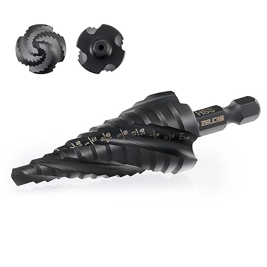 ZELCAN 12 Sizes Step Drill Bit, Four Spiral Flute Step Bit for Metal, Titanium-Coated HSS 3/16" to 7/8" Step Drill Bit with 1/4" Hex Shank for Stainless Steel Aluminum Copper Wood Plastic