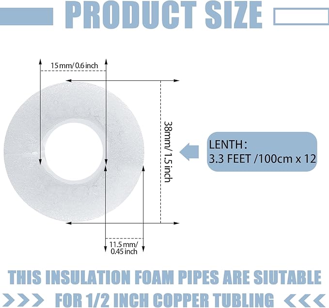 Amylove 12 Pcs 3.3 Feet Foam Pipe Insulation Foam Tube Insulating Water Pipe Pool Swim Noodles Heat Preservation Pipe Covers for Tubing Outdoor Freeze Protection (White,1/2 Inch)