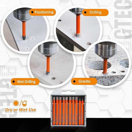 BGTEC Dry Diamond Drill Bits Set - 5pcs 1/4" Tile Drill Bits and 5pcs 1/4" Carbide Drill for Granite Marble Porcelain Ceramic
