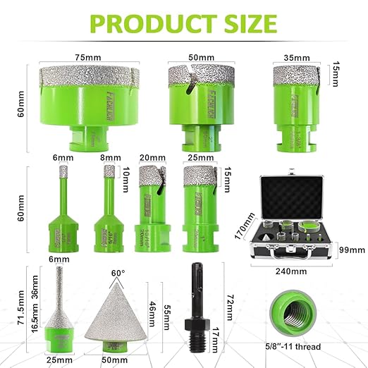 Diamond Core Drill Bits Set - Tile Hole Saw Kit 6/8/20/25/35/50/75MM with 2" Diamond Beveling Chamfer Bits for Porcelain Ceramic Tile Granite Marble(10PCS)