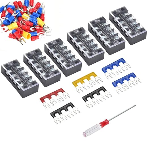 73Pcs(6Sets) Terminal Block Set, 6Pcs 4 Positions 600V 25A Dual Row Screw Terminal Strip Block + 6Pcs Pre-Insulated Terminals Barrier Strip + 60Pcs Insulated Fork Wire Connector by CGele…