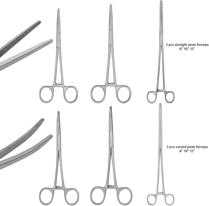 Hemostats ROCHESTER PEAN Forceps Locking Pliers Clamps Tongs Full Serrated Stainless Steel set Of 3 pcs 9,10,12 Inch Curved (Curved 8,10,12 Inches 3 pcs Set)