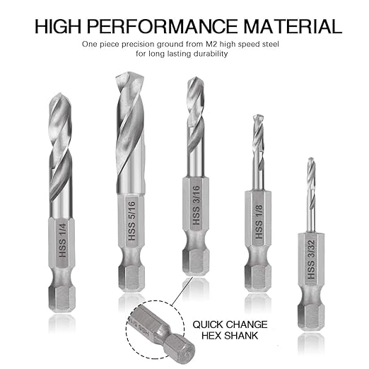 COMOWARE Stubby Drill Bit Set for Metal, 5pcs HSS M2 Short Length Drill Bit with 1/4-Inch Quick Change Hex Shank