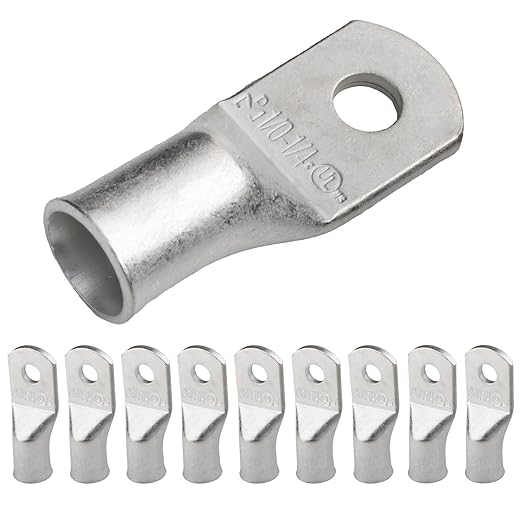 SELTERM 10pcs 1/0 AWG-1/4 Stud Tinned Copper Wire Lugs, Heavy Duty Cable Ends, 0 Gauge Ring Terminals, UL Battery Lugs Marine Grade Copper Eyelets Electrical Terminal Connectors