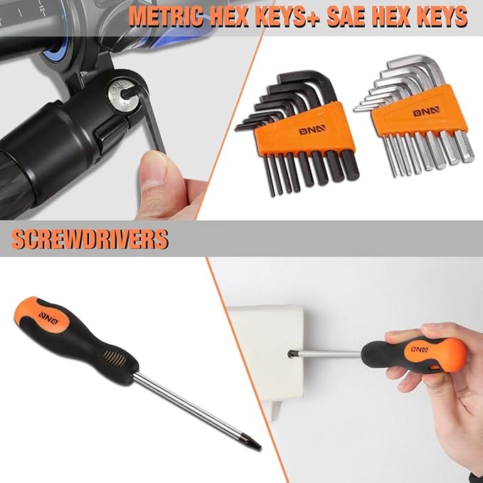 DNA MOTORING 220pcs Mechanic Tool Socket Wrench Set, SAE and Metric Socket Wrench Set, Tool Box Case for Home, Auto and Bike Repair, Orange, TOOLS-00021