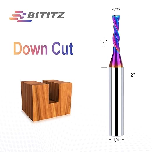 2PCS Downcut Spiral Router Bit 1/4 Inch Shank 1/8 Inch Cutting Diameter 1/2 Inch Cutting Length with Extra Long Life Coating CNC Router Bits End Mill for Wood Cutting, Slot Mortise, Engraving