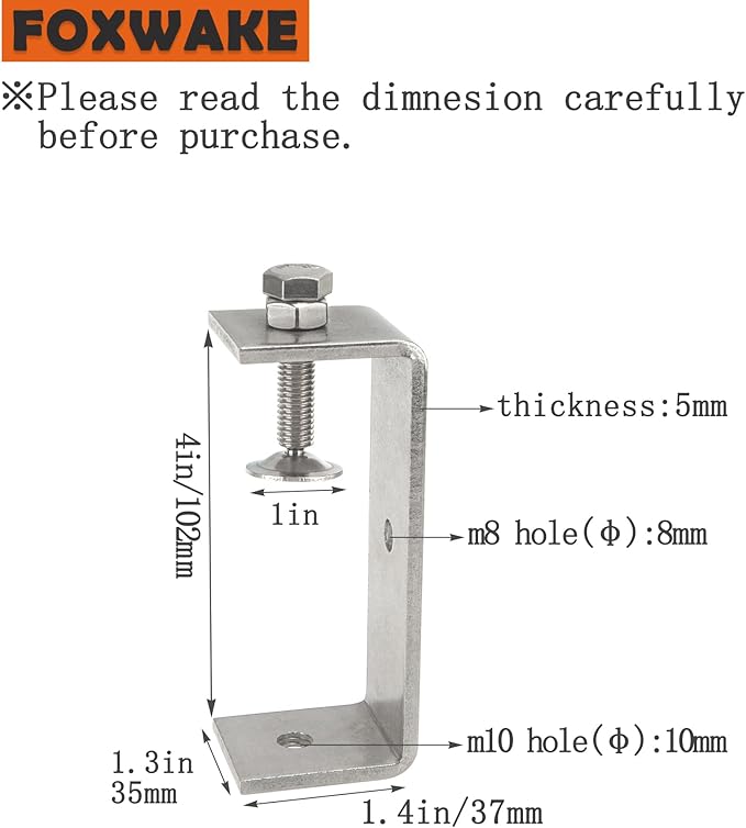 Stainless Steel C Clamps 3.8In for Mounting, Heavy Duty Metal U Clamp for Metal Working Small Desk Clamp with Stable Wide Jaw Opening & Protective Pads/I-Beam Design (2pcs)