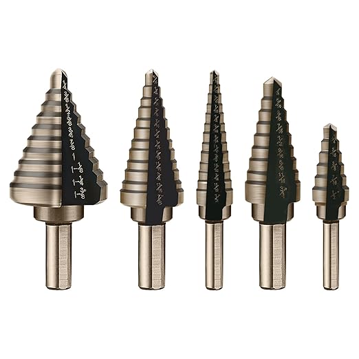 Aleric Step Drill Bit Set - 5 Pcs High Speed Steel Titanium Step Drill Bits, Step Bits for Metal,Wood,Plastic, Step Bit, Multiple Size Hole Cutting Drilling Cone Unibit Step Drill Bit for DIY Lovers