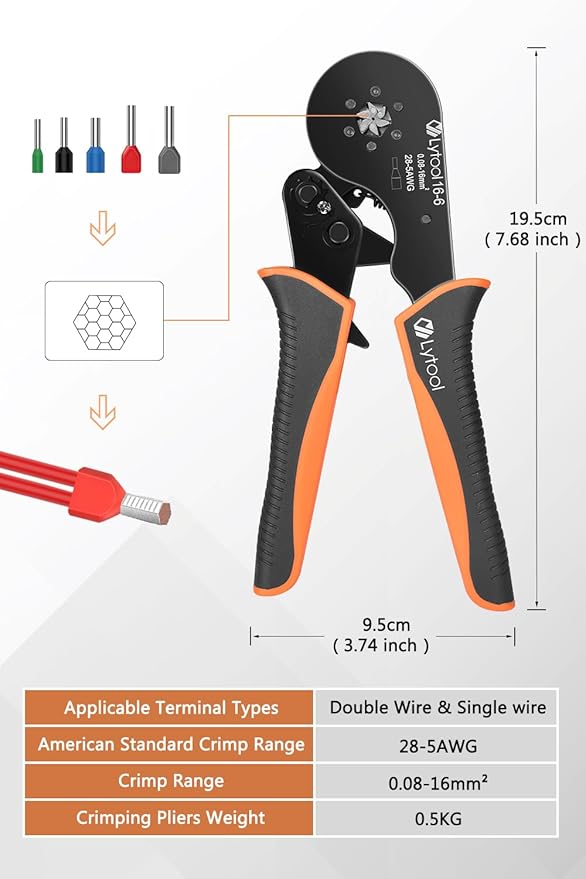 Lytool Ferrule Crimping Tool Kit, Hexagonal Ratchet Crimper for 28-5 AWG, Insulated Wire Ferrules, Self-Adjusting Terminal Crimper with 1200PCS Connectors for Electricians