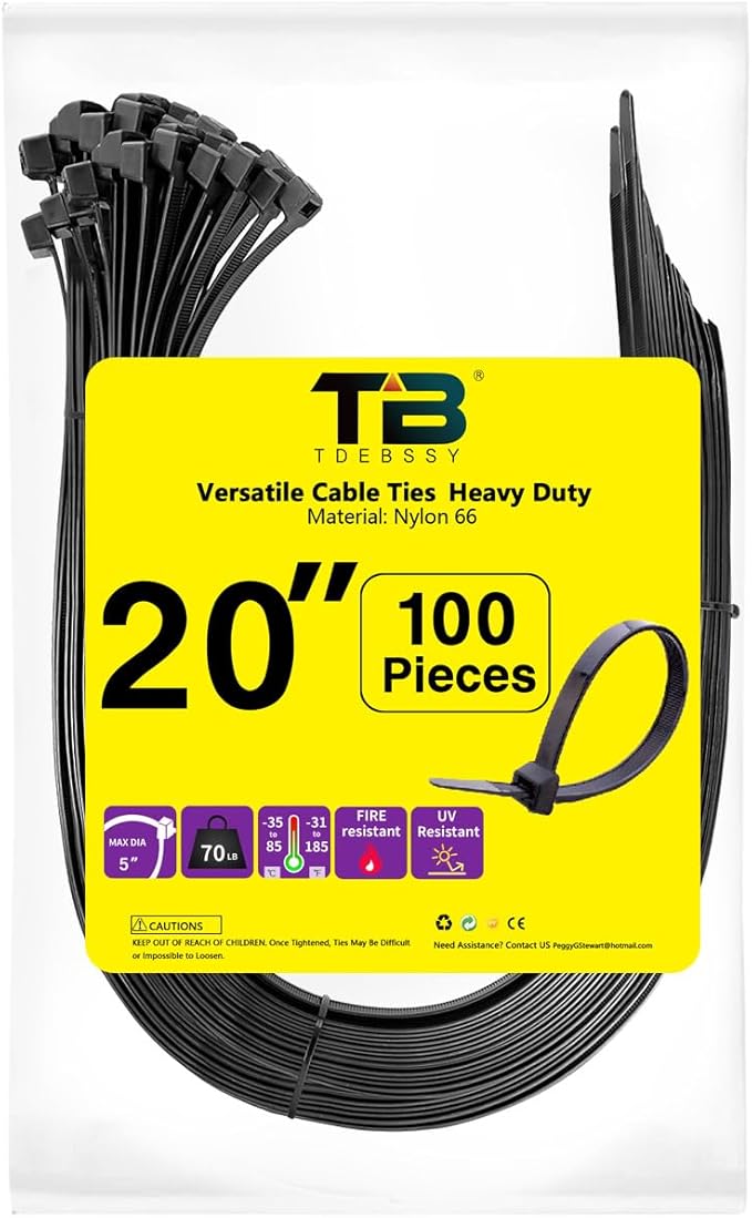 Black Zip Ties 100 Pcs,TDEBSSY 4.8mm Wide 20in Long 70lb Heavy Duty Cable Ties Self Locking Nylon Zip Ties UV Resistant Strong Wire Ties with 32 kg Tensile Strength (20in/70lbs)