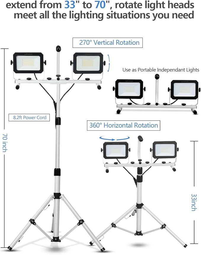 UFOND 10000 Lumen LED Work Light with Stand, Dual Head Work Light, Waterproof Lamp with Individual Switch, Adjustable Metal Telescoping Tripod with Power Cord （2 Pack）