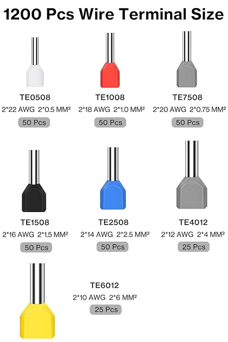 Lytool Wire-Ferrule Kit 1200pcs:Ferrule-Connectors, Double Ferrules Terminal Set, Insulated Ferrule Crimp Pins, Single Line Ferrules and Twin Wire Ferrule Set, AGW 23-6