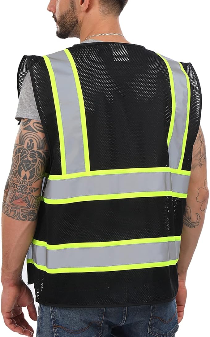 Dib Safety Reflective Mesh Vest High Visibility Two Tone with Pockets and Zipper, Black Mesh with Yellow Trim M